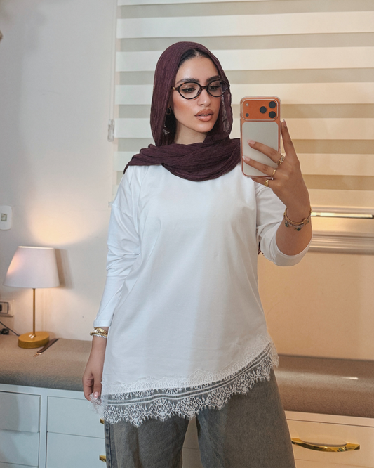 Lace Trim Cotton T-Shirt - WHITE