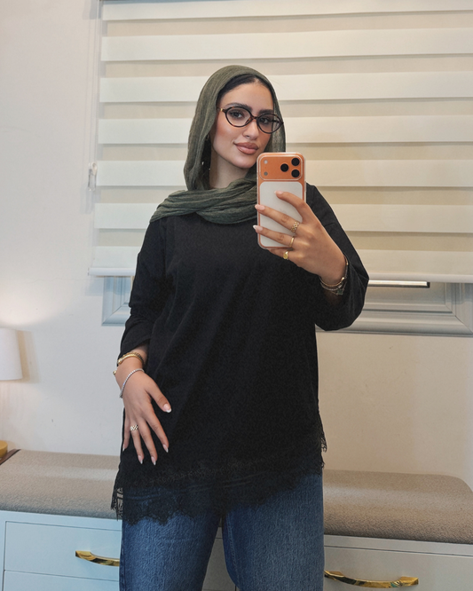 Lace Trim Cotton T-Shirt - BLACK