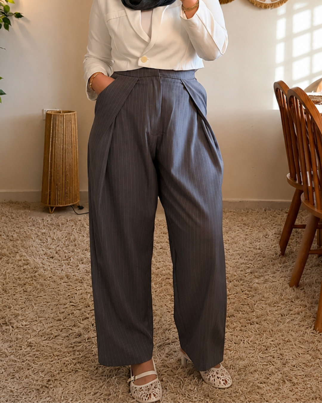 Pinstripe Draped Pants - Charcoal Gray