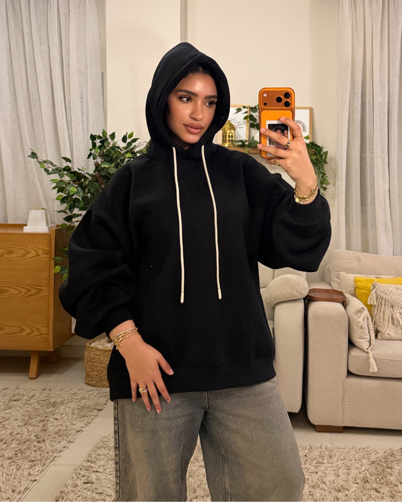 Oversized Fleece-Lined Hoodie – BLACK