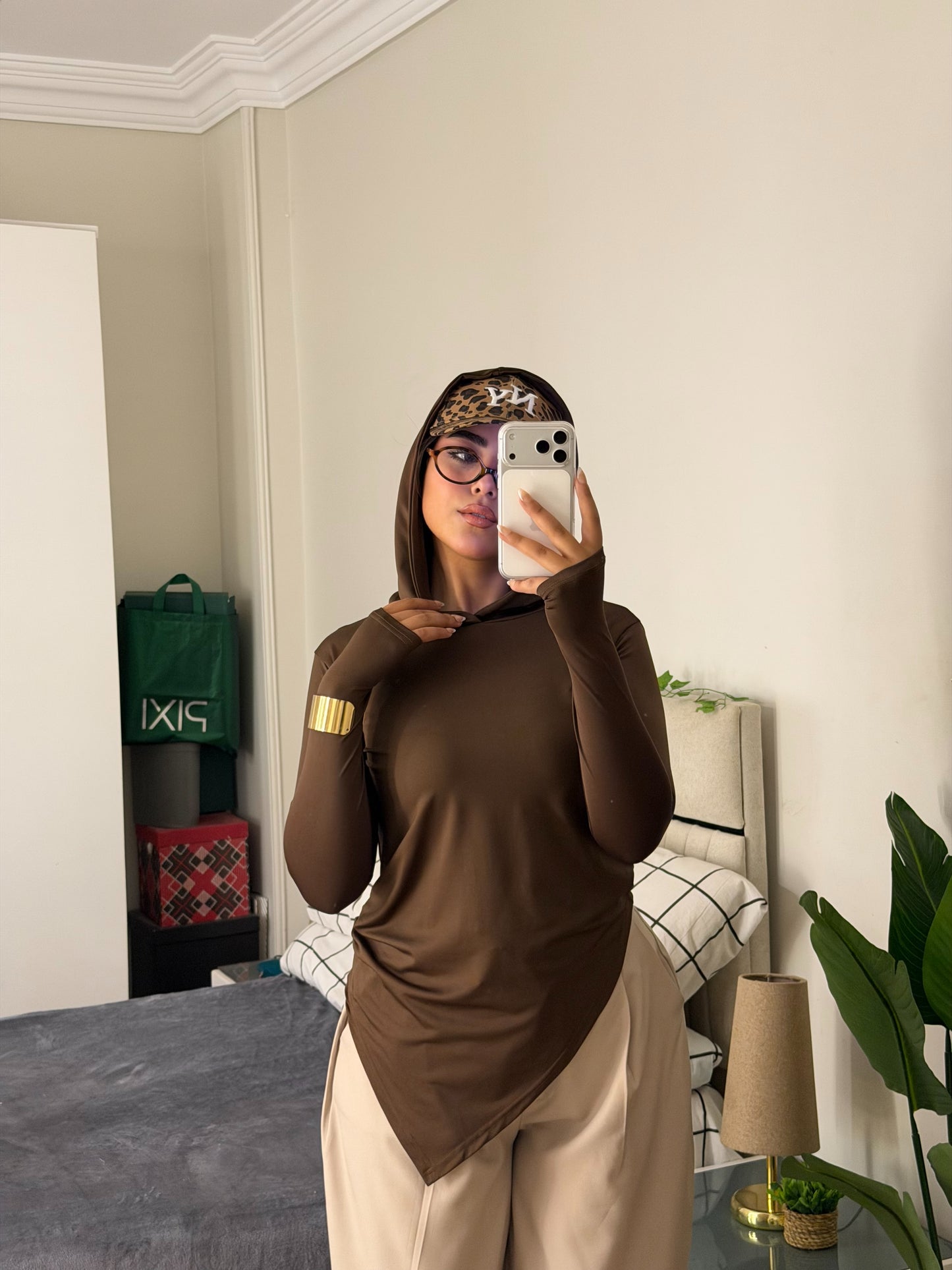 Soft Lycra Hooded Top - BROWN