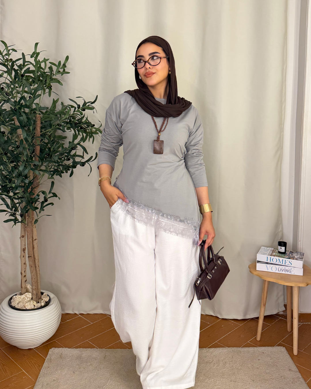 Lace Hem Long Sleeve Top - GRAY
