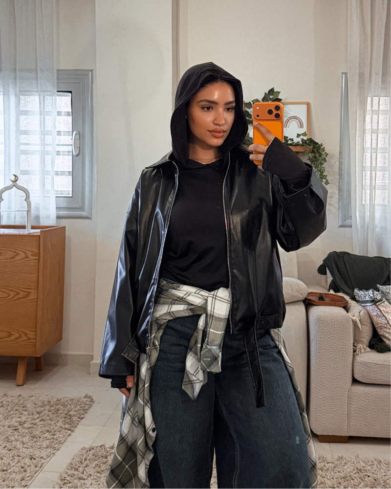 Oversized Leather Jacket with Belt – BLACK