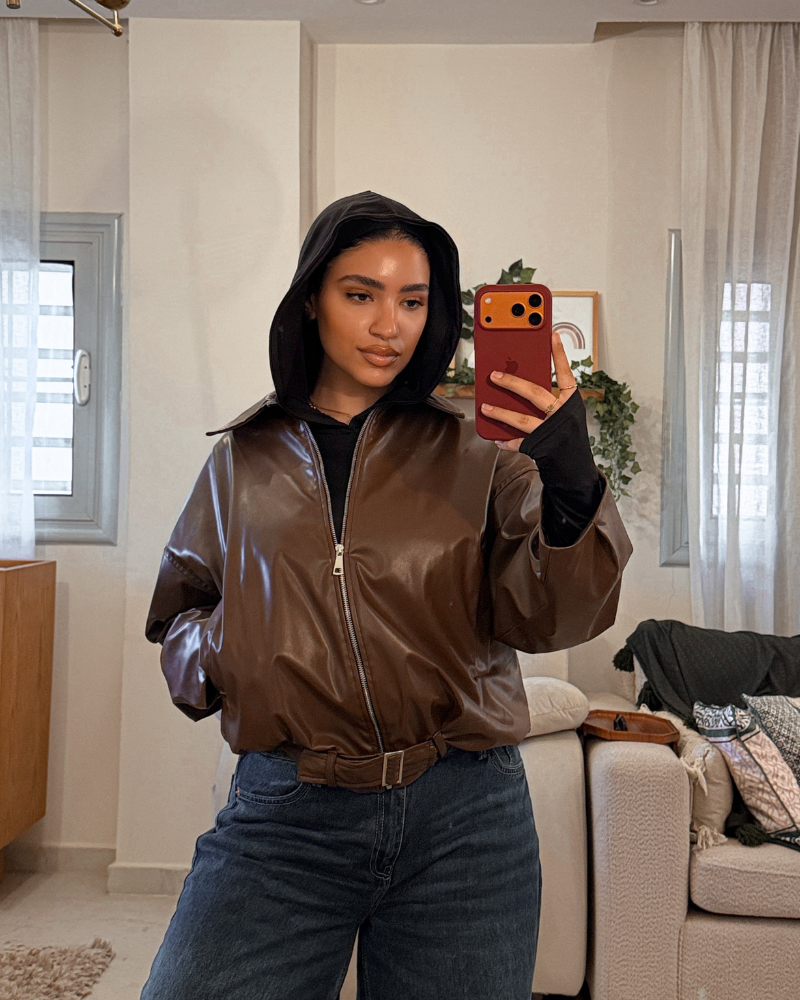 Oversized Leather Jacket with Belt – Dark Chocolate Brown