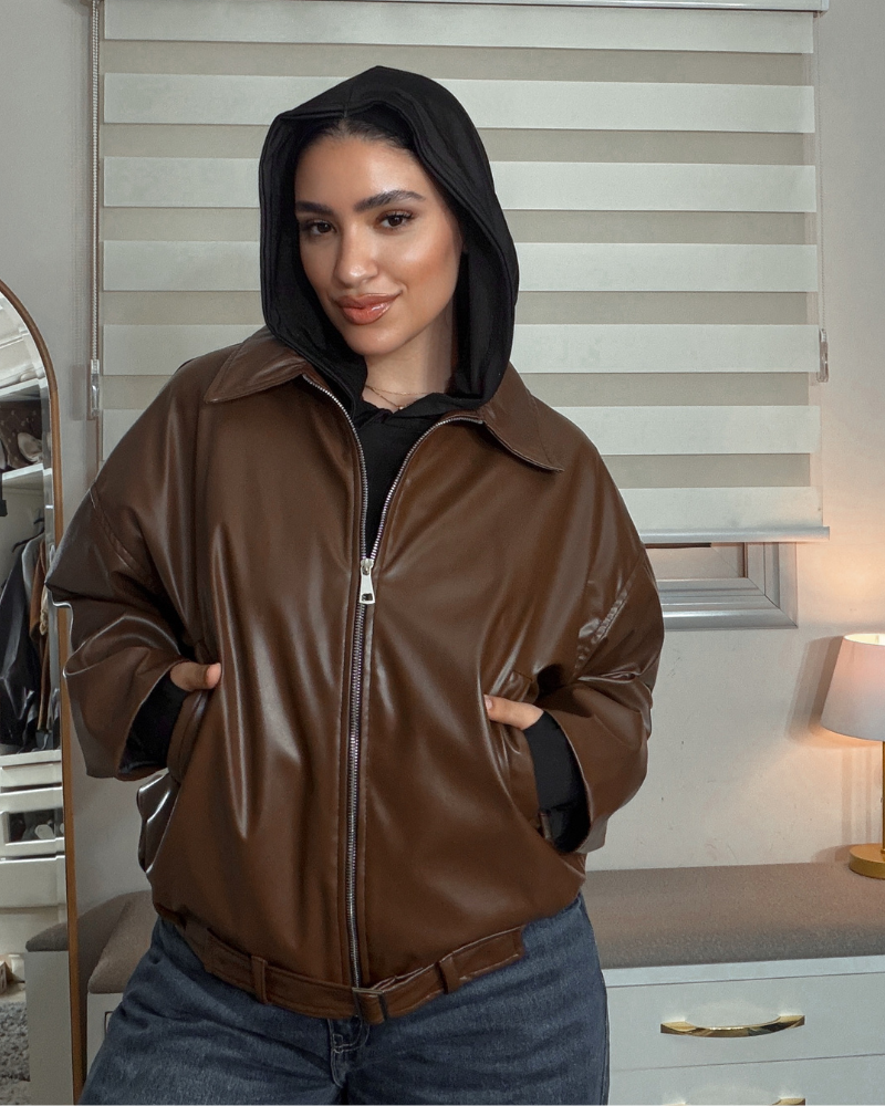 Oversized Leather Jacket with Belt – Dark Chocolate Brown