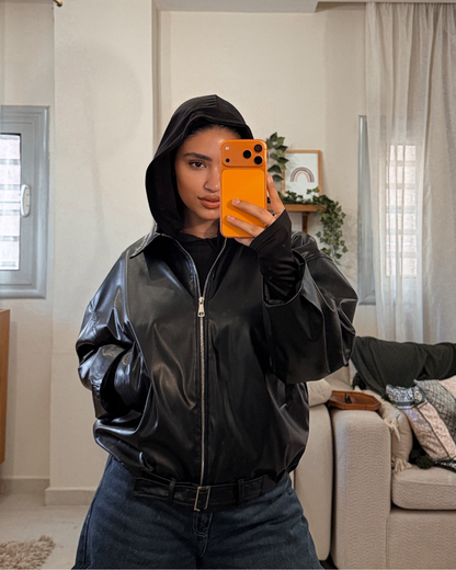 Oversized Leather Jacket with Belt – BLACK