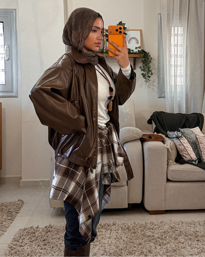 Oversized Leather Jacket with Belt – Dark Chocolate Brown