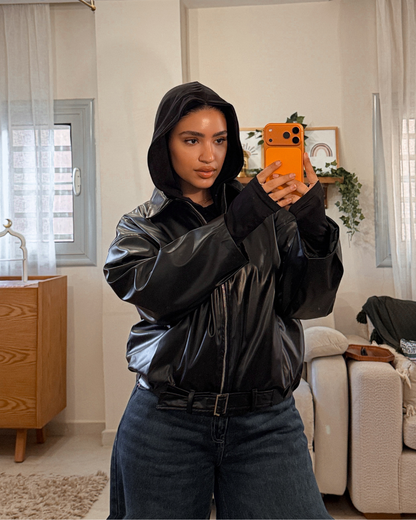 Oversized Leather Jacket with Belt – BLACK