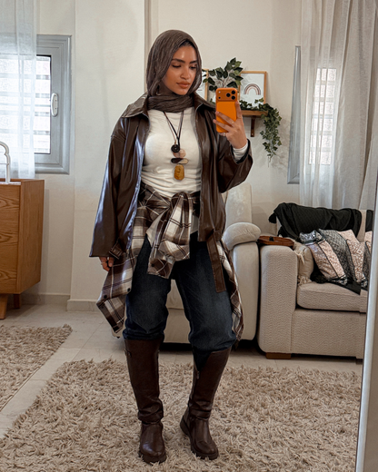 Oversized Leather Jacket with Belt – Dark Chocolate Brown