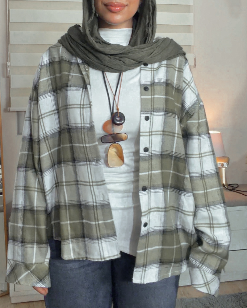 Oversized Plaid Shirt – Olive & White Check