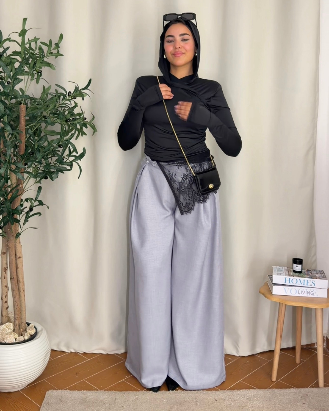 Button Detail Wide Leg Pants - GRAY