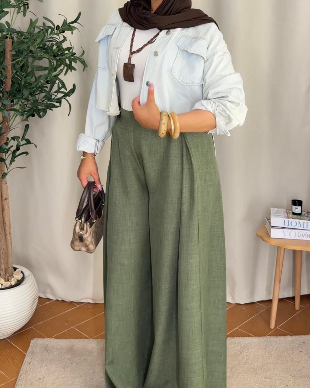 Button Detail Wide Leg Pants - Olive Green