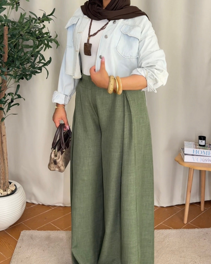 Button Detail Wide Leg Pants - Olive Green