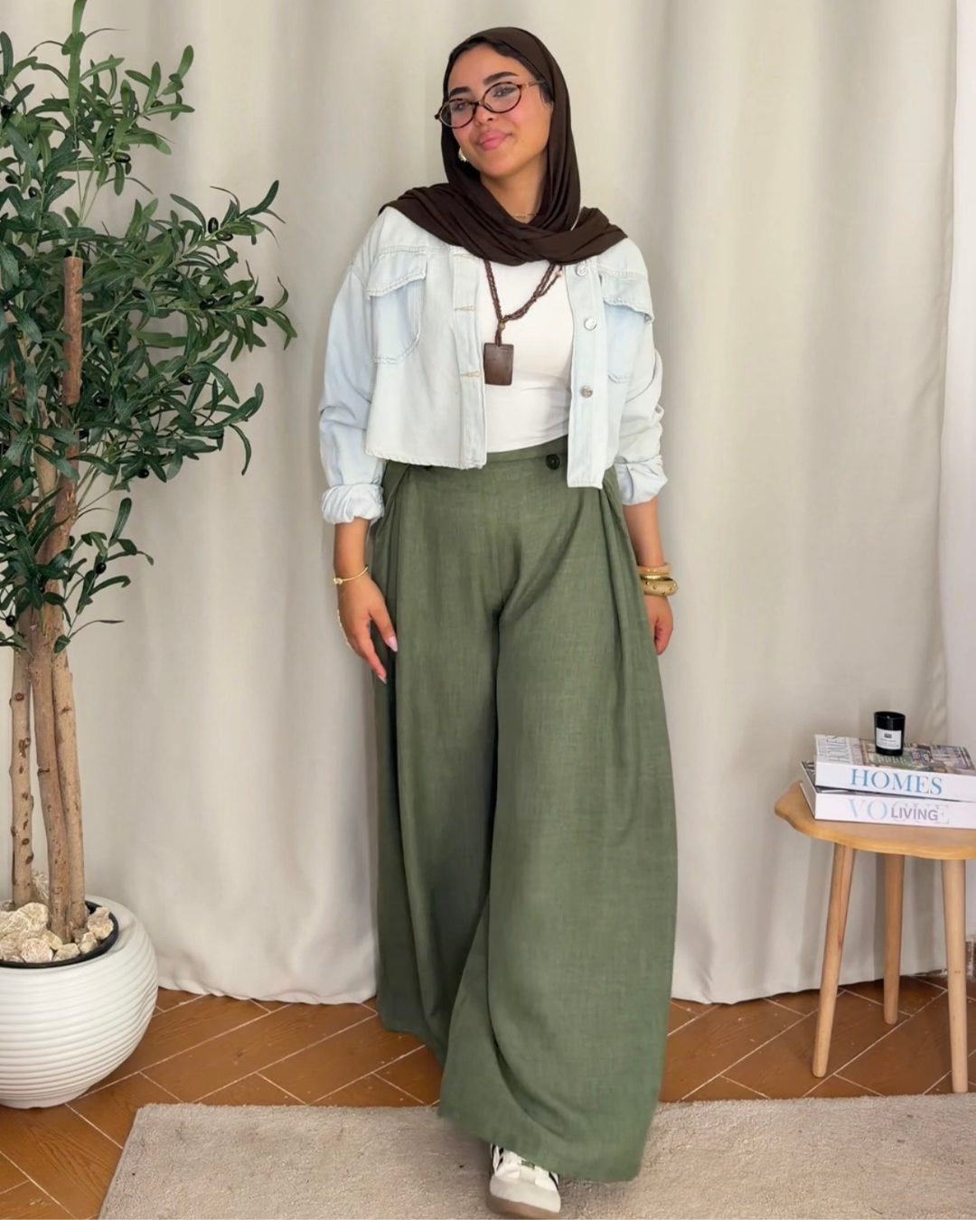 Button Detail Wide Leg Pants - Olive Green