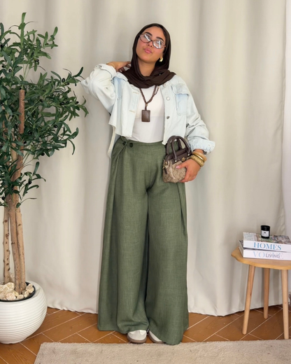 Button Detail Wide Leg Pants - Olive Green