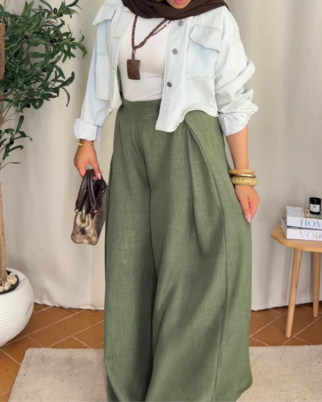 Button Detail Wide Leg Pants - Olive Green