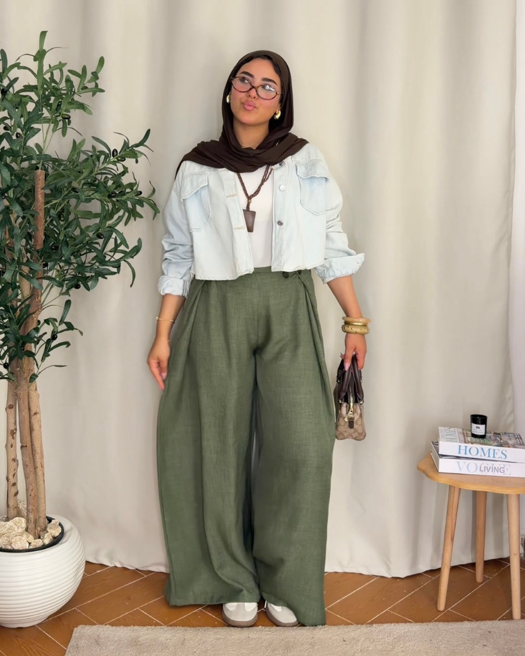 Button Detail Wide Leg Pants - Olive Green