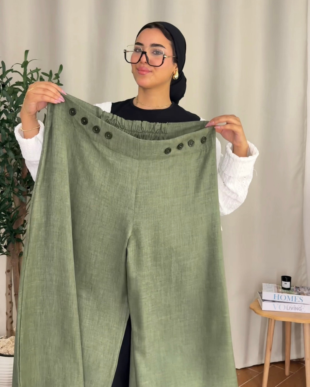 Button Detail Wide Leg Pants - Olive Green