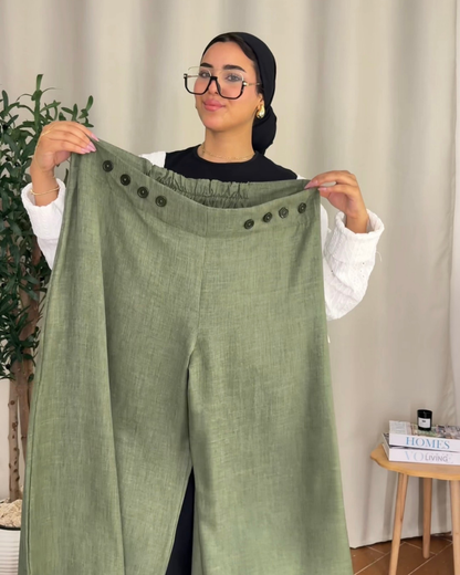 Button Detail Wide Leg Pants - Olive Green