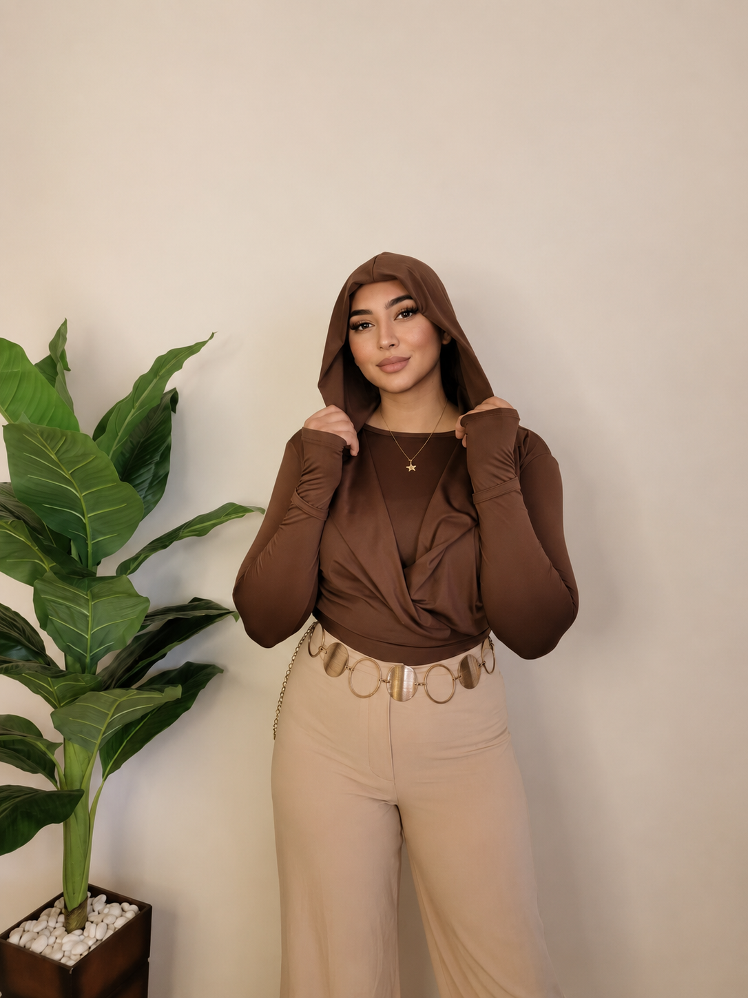 Draped Hooded Top – BROWN