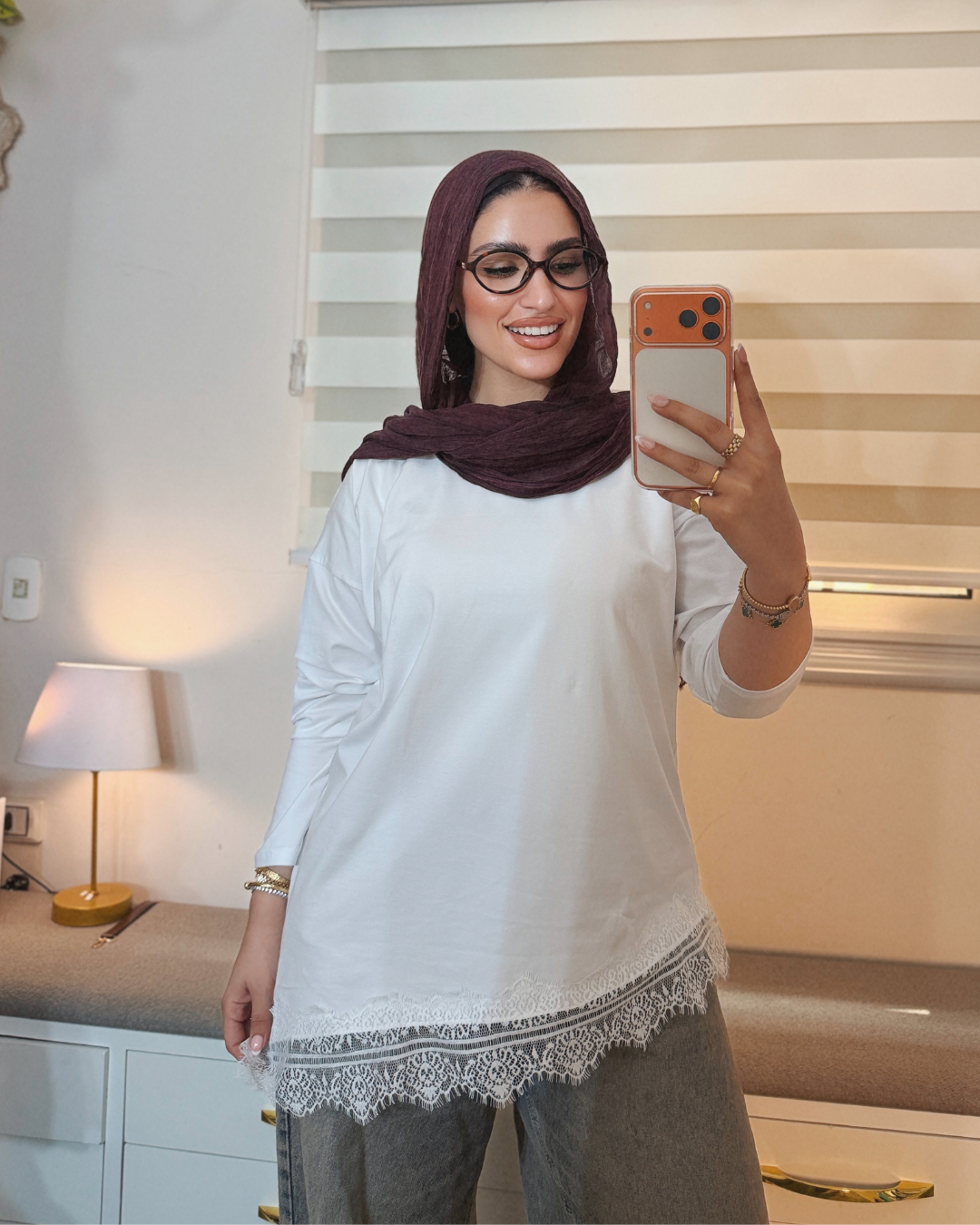 Lace Trim Cotton T-Shirt - WHITE