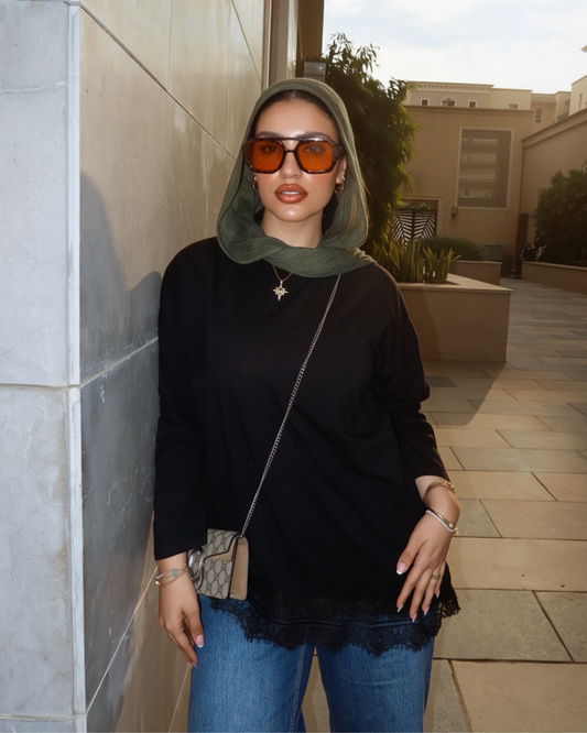 Lace Trim Cotton T-Shirt - BLACK