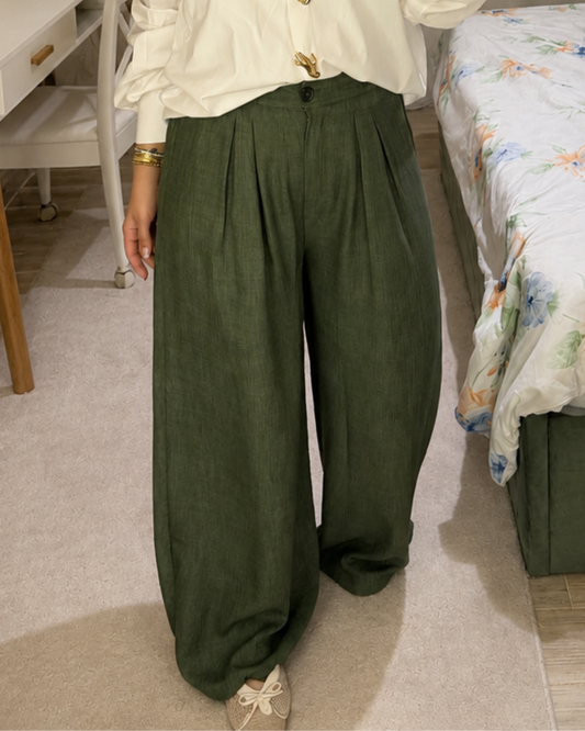 French Linen Wide-Leg Pants – Olive Green