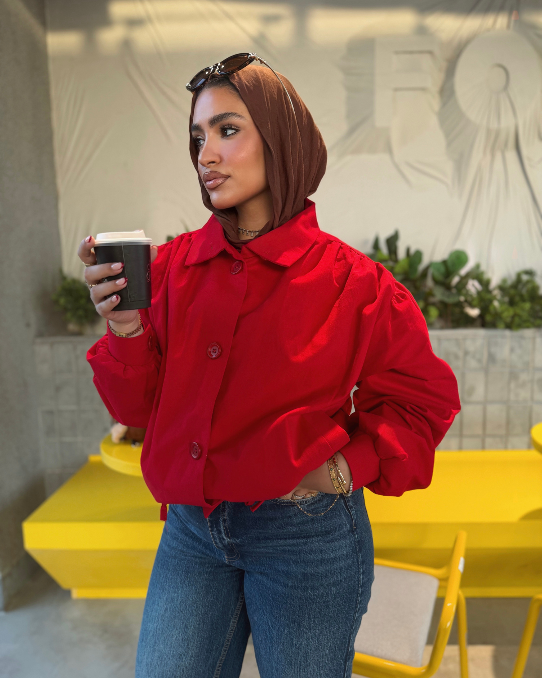 Puff Sleeve Gabardine Jacket – Red