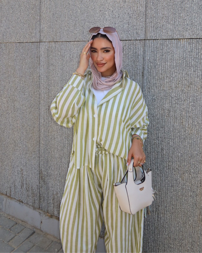 Balloon Striped Linen Suit – OLIVE GREEN