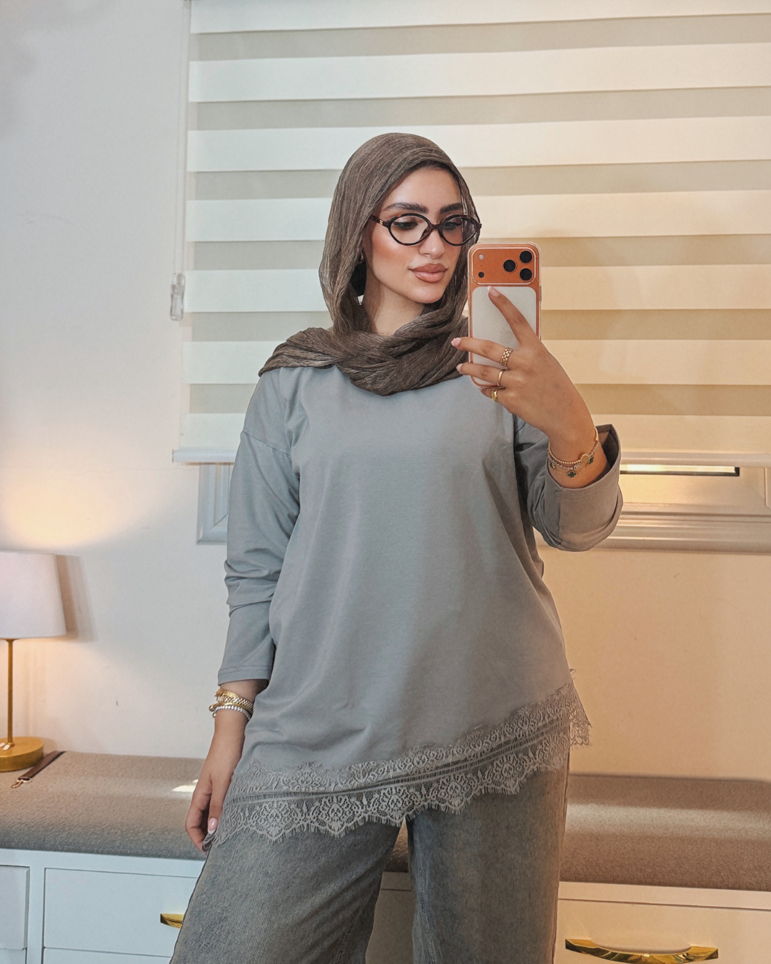 Lace Trim Cotton T-Shirt - STEEL GREY