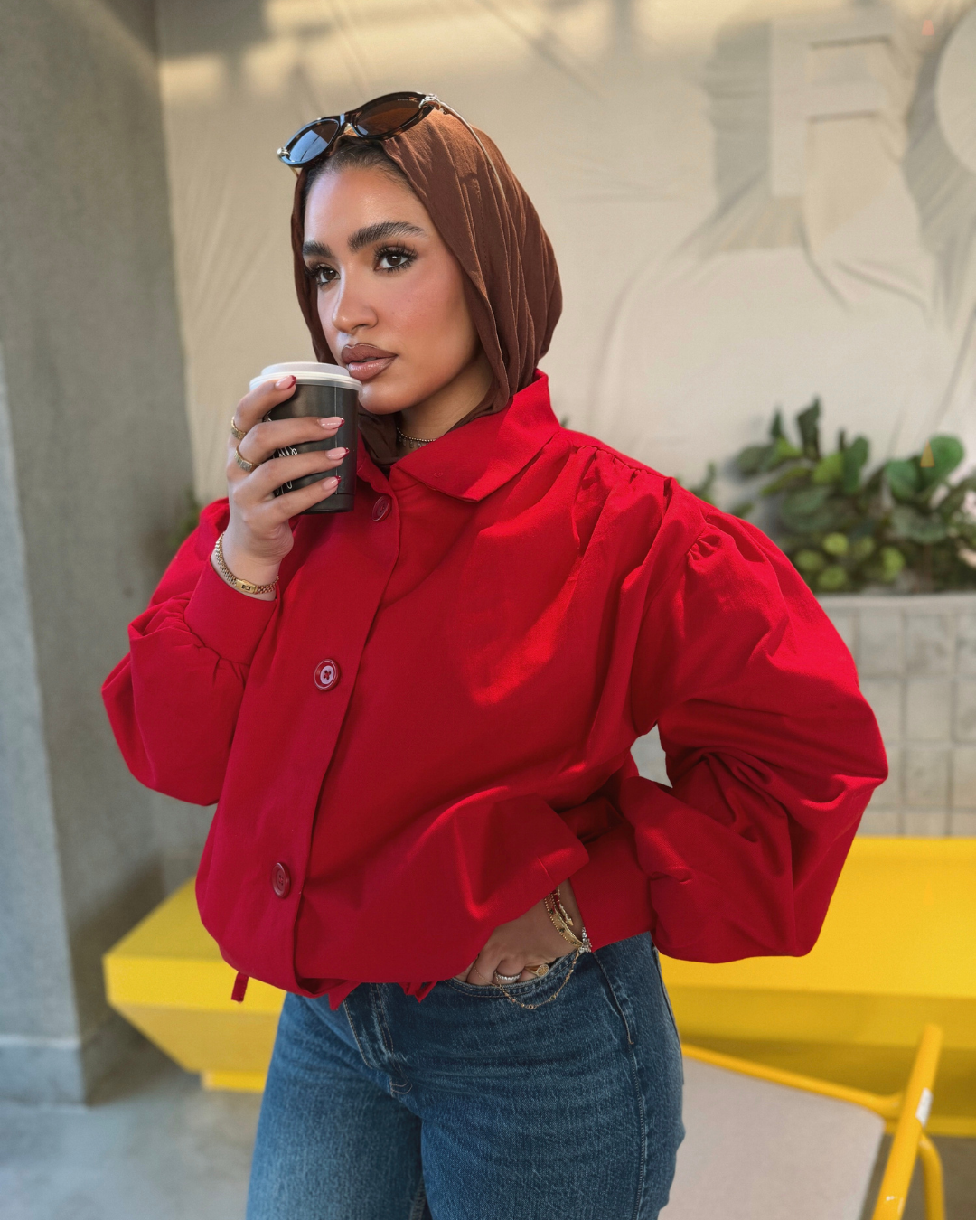 Puff Sleeve Gabardine Jacket – Red