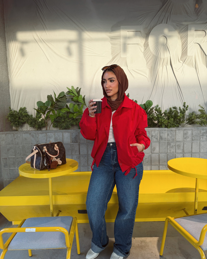 Puff Sleeve Gabardine Jacket – Red