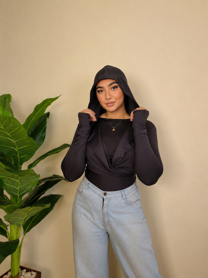 Draped Hooded Top – black