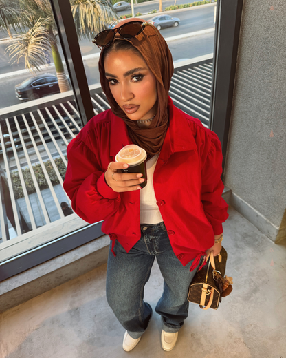 Puff Sleeve Gabardine Jacket – Red