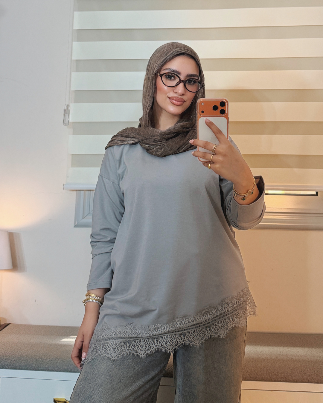 Lace Trim Cotton T-Shirt - STEEL GREY