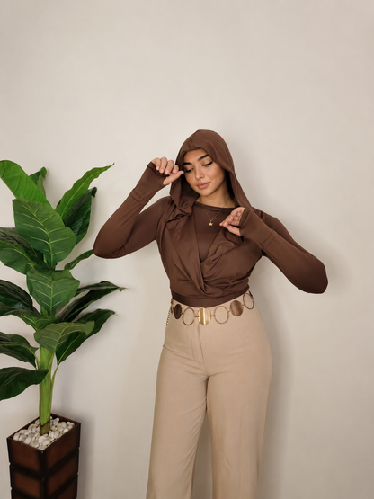 Draped Hooded Top – BROWN