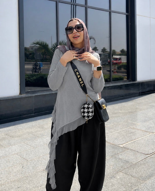 Ruffle LACE Cotton Top - grey