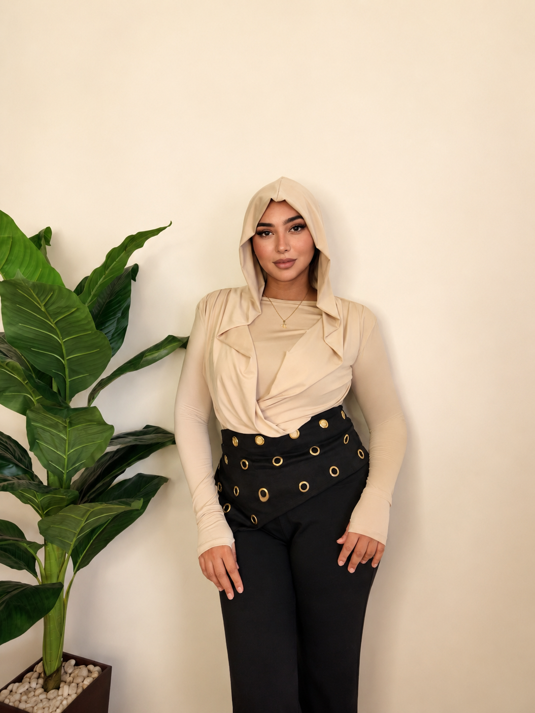 Draped Hooded Top – BIEGE