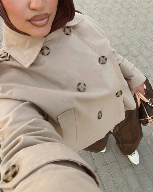 Cropped Gabardine Trench Jacket – Beige