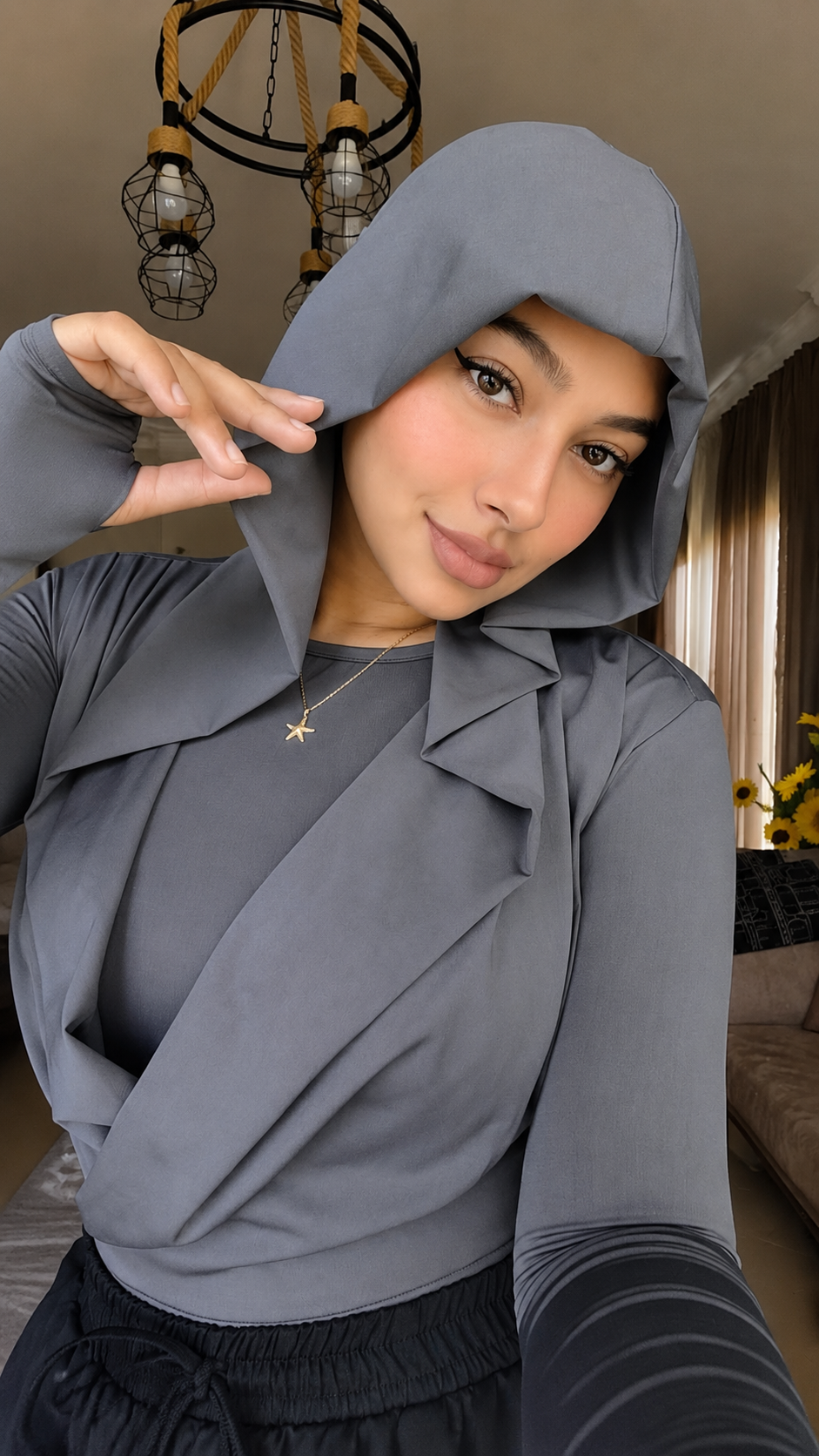 Draped Hooded Top – GRAY
