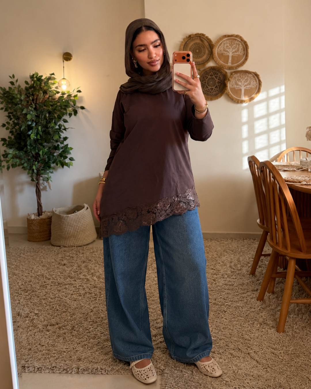Lace Trim Cotton T-Shirt - BROWN