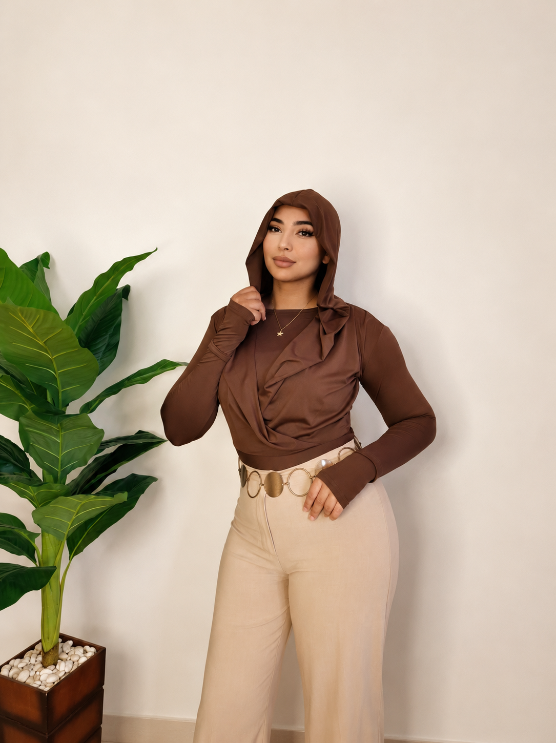 Draped Hooded Top – BROWN