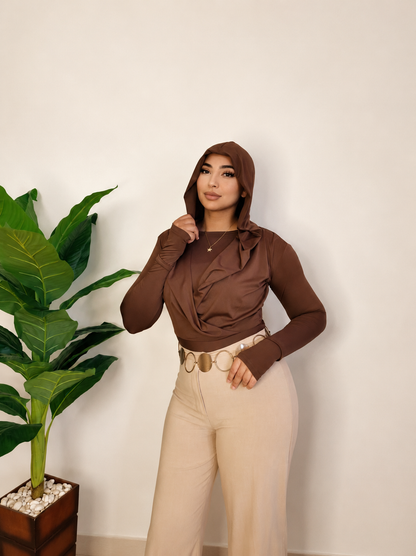 Draped Hooded Top – BROWN