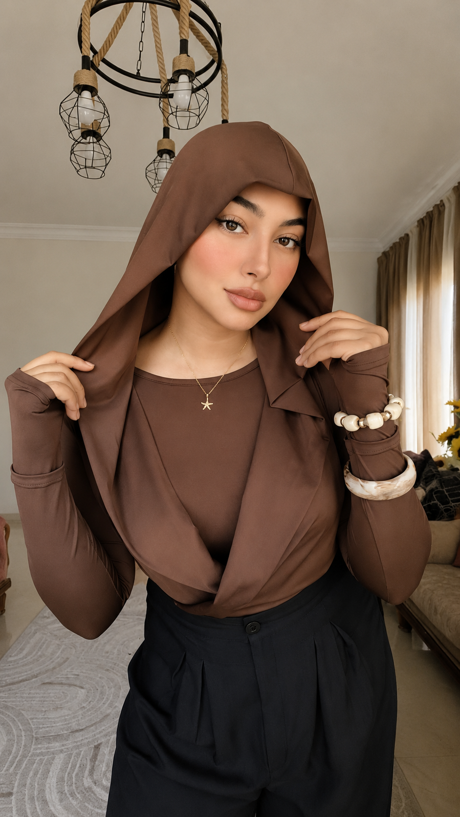 Draped Hooded Top – BROWN