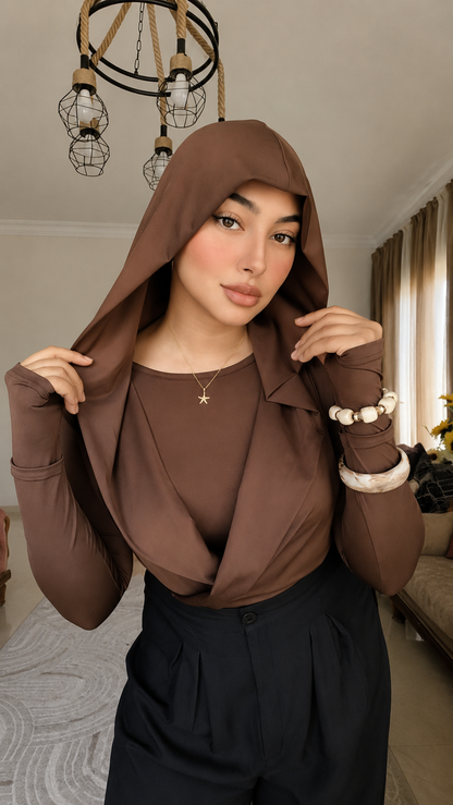 Draped Hooded Top – BROWN