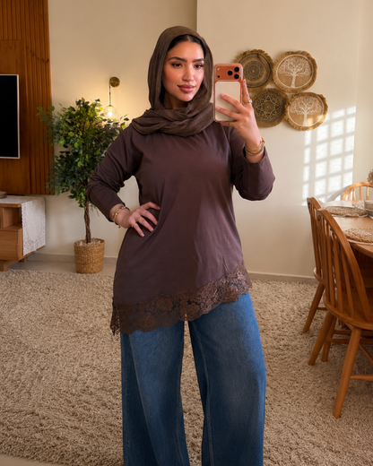 Lace Trim Cotton T-Shirt - BROWN