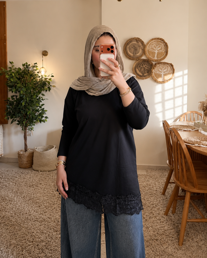 Lace Trim Cotton T-Shirt - BLACK