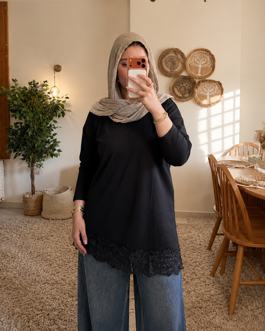 Lace Trim Cotton T-Shirt - BLACK