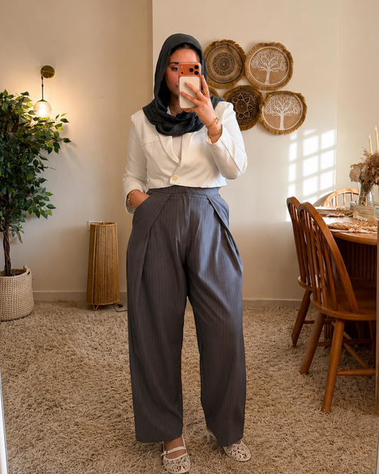 Pinstripe Draped Pants - Charcoal Gray