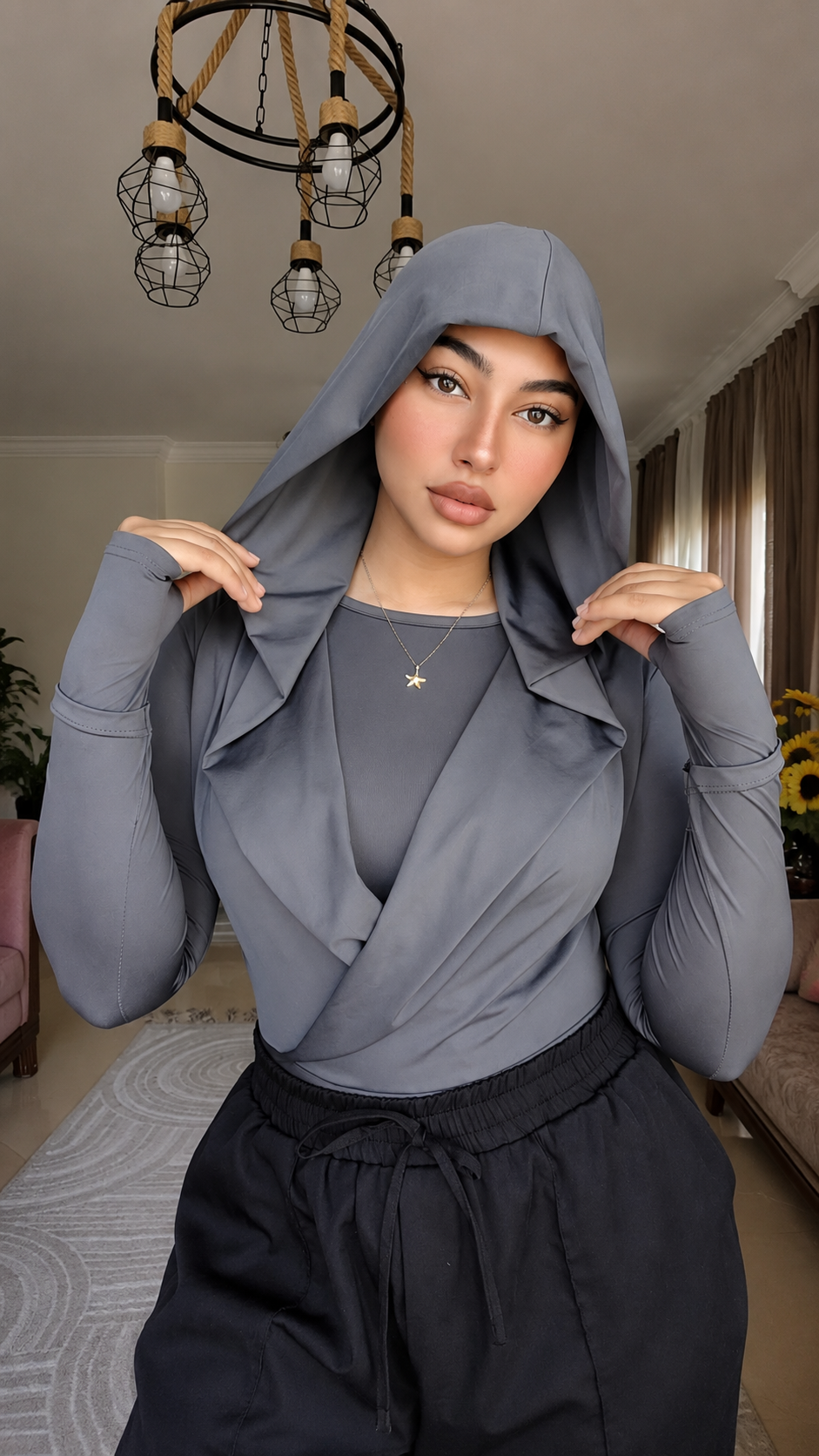 Draped Hooded Top – GRAY